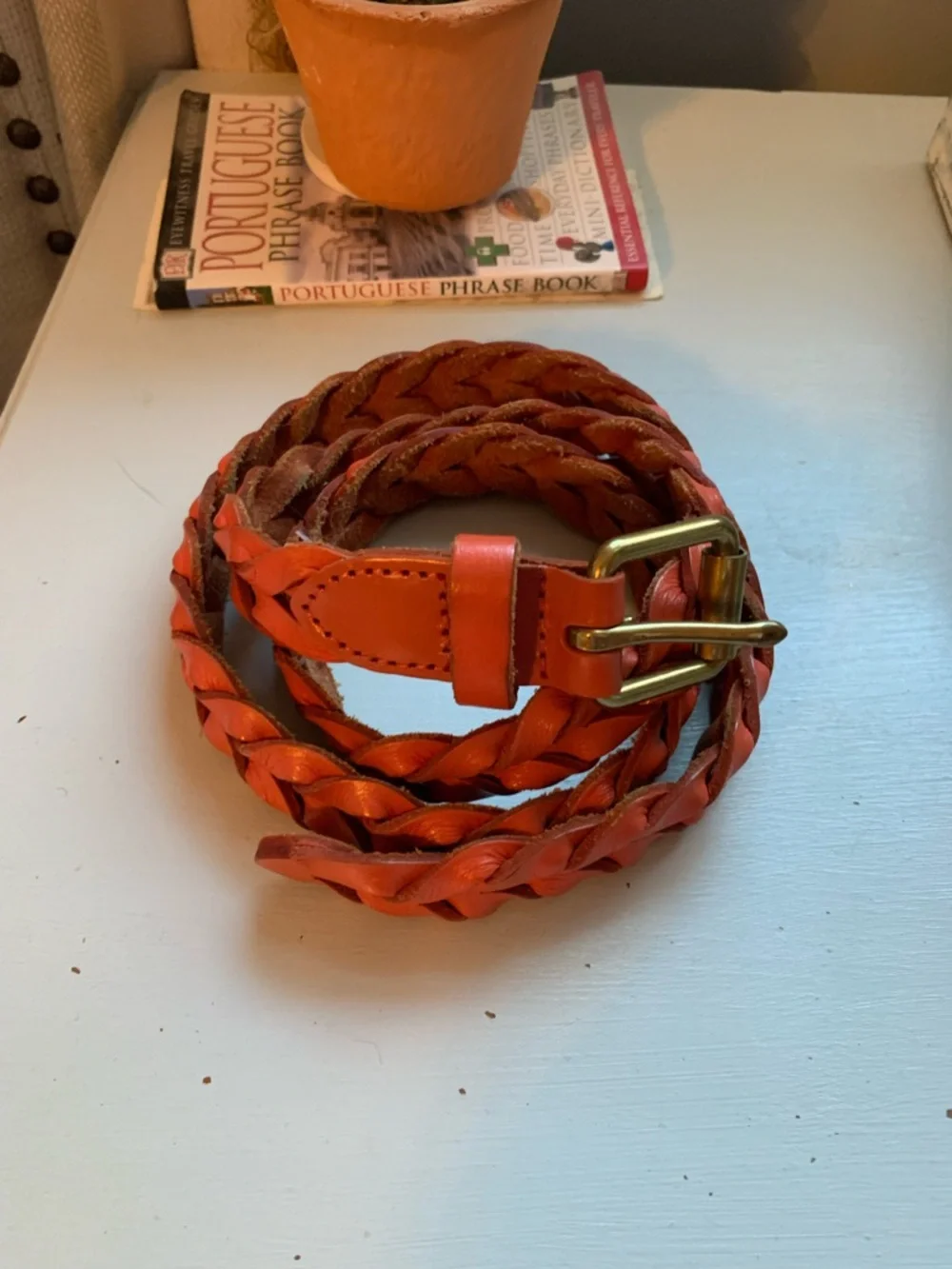 J Crew Braided Leather Belt in Burnt Orange with Brass Buckle